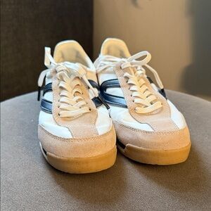 Tretorn White Sneakers with Navy Stripes and Beige Suede Accents